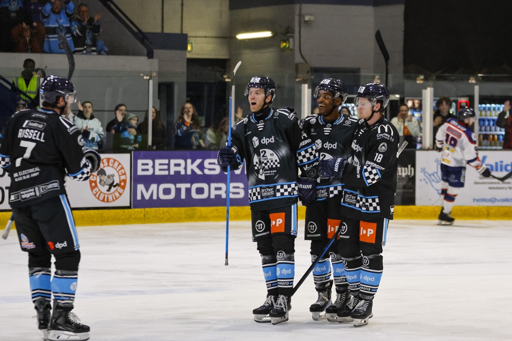 Coventry Blaze players celebrate scoring on a special 2 Tone themed night